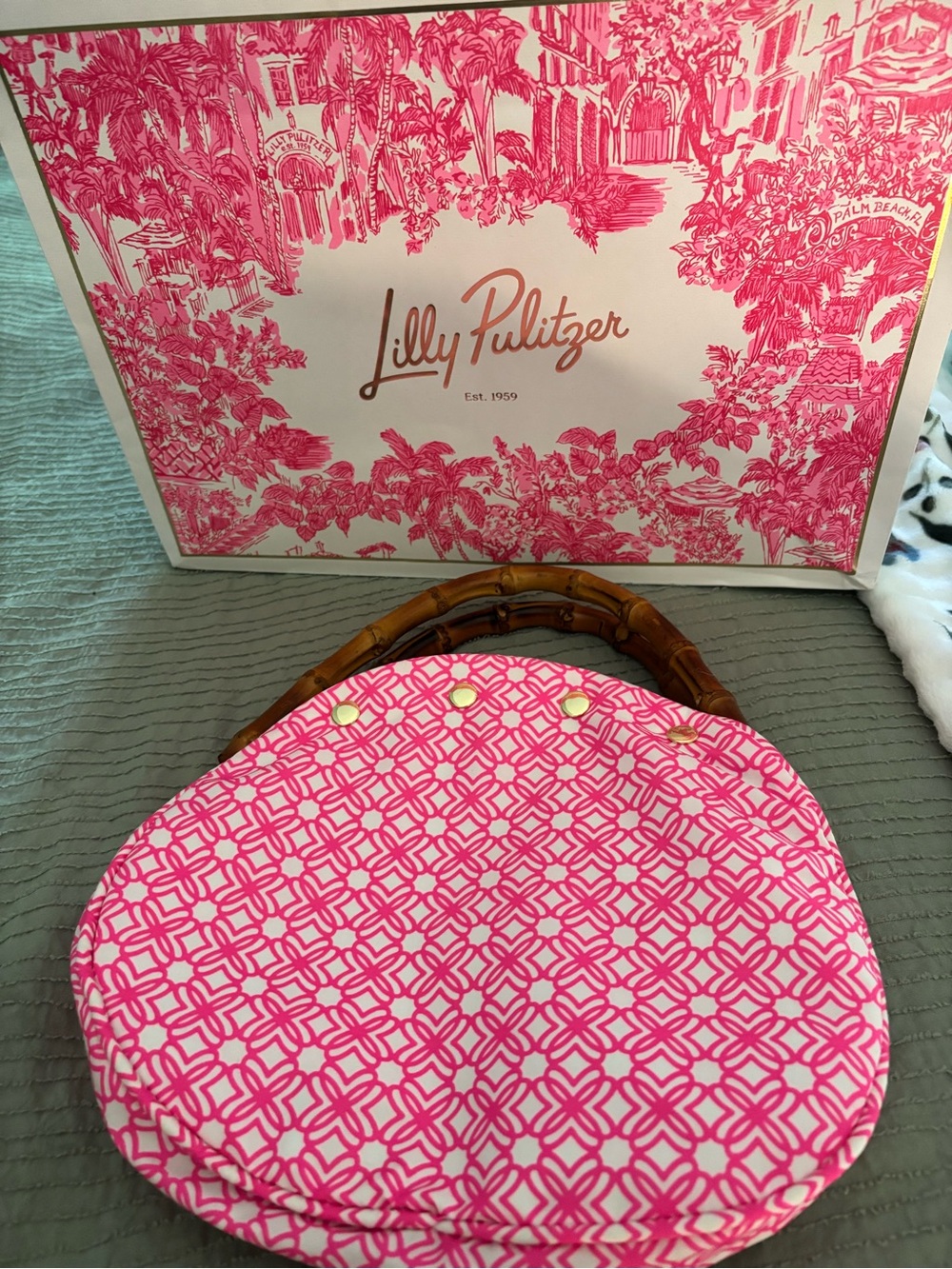 Lilly Pulitzer Hot Pink & White Geometric Bamboo-Handle Clutch